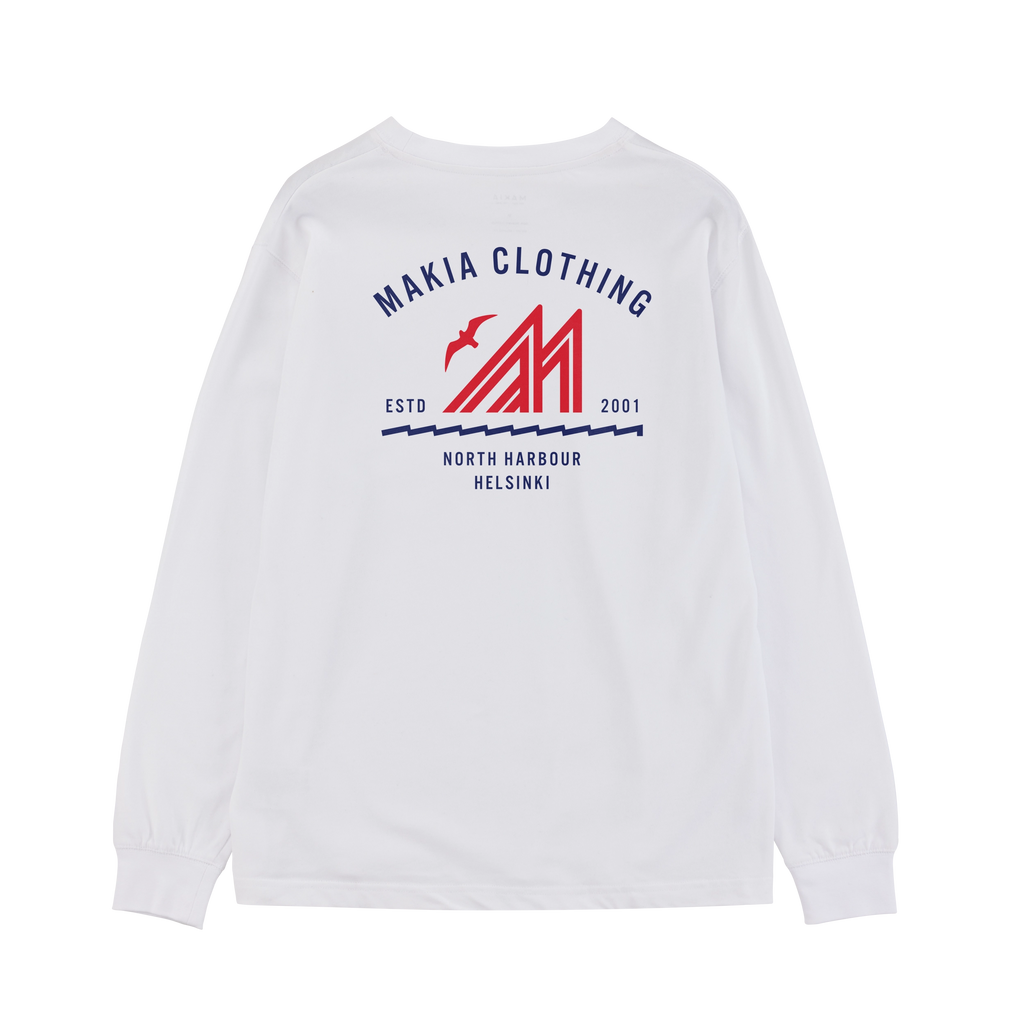 White long sleeve shirt with Merenkävijät print on back in navy and red