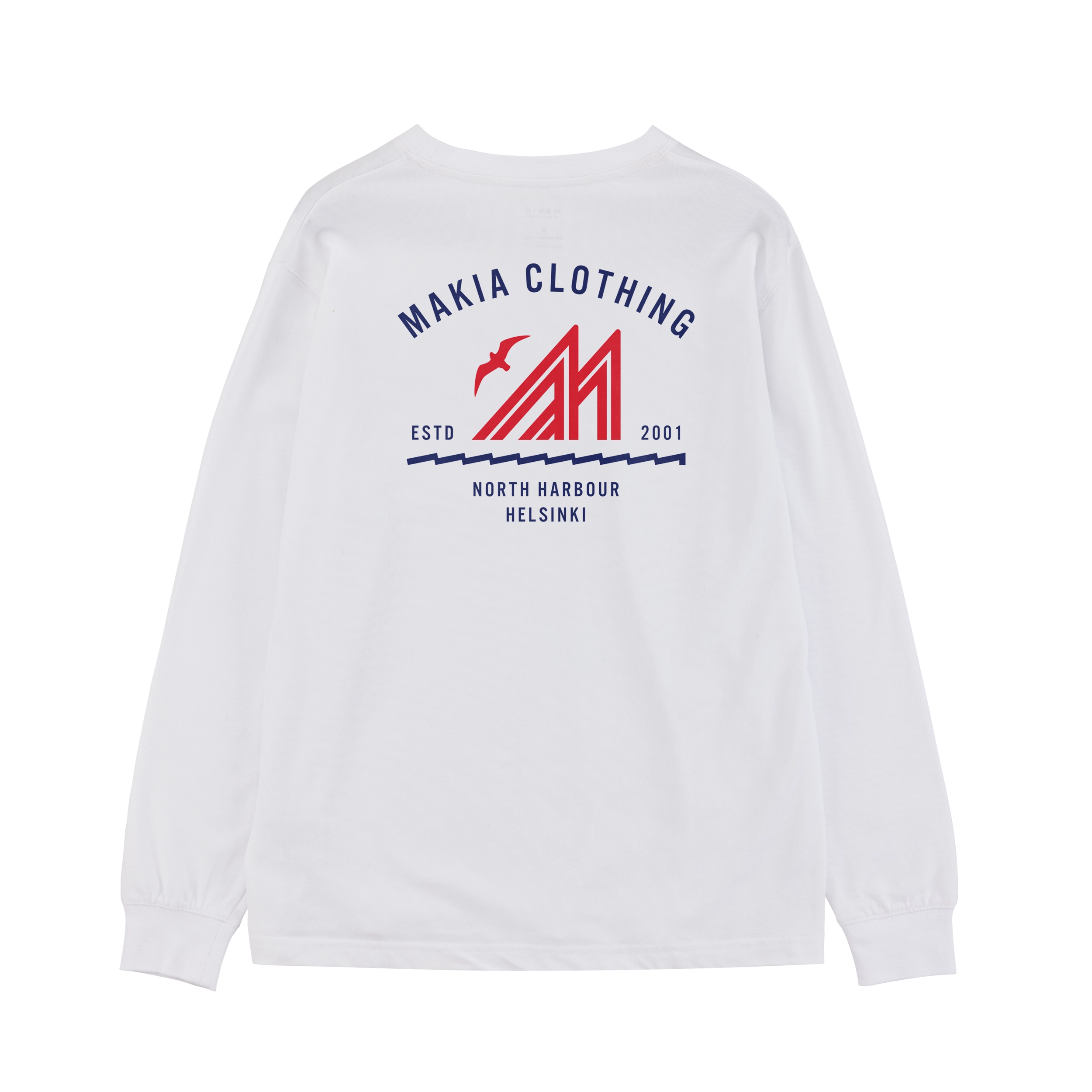 White long sleeve shirt with Merenkävijät print on back in navy and red